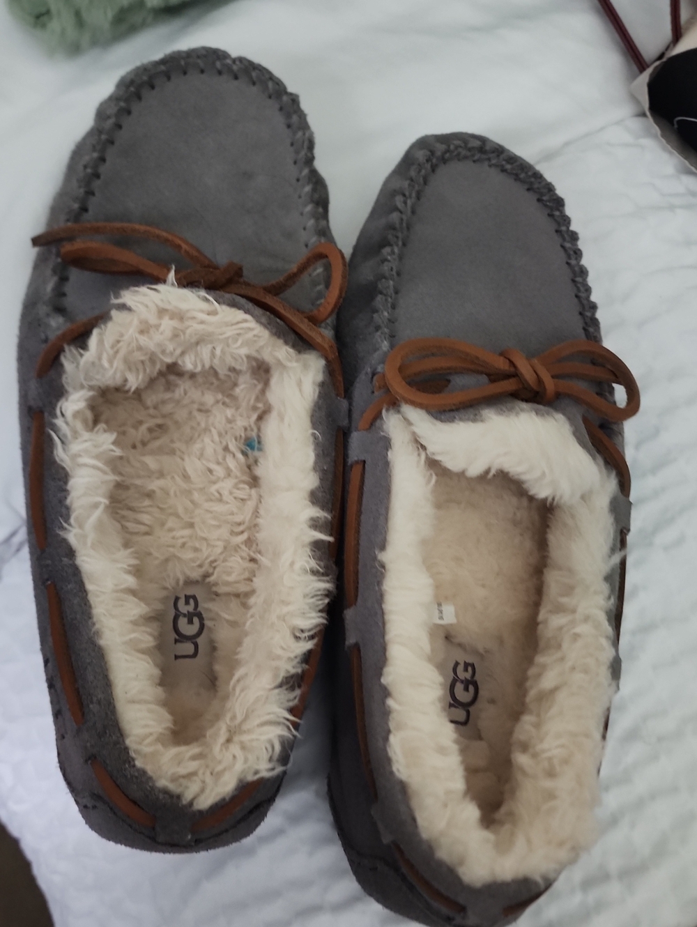 UGG Gray Suede Shearling Moccasins with Brown Laces